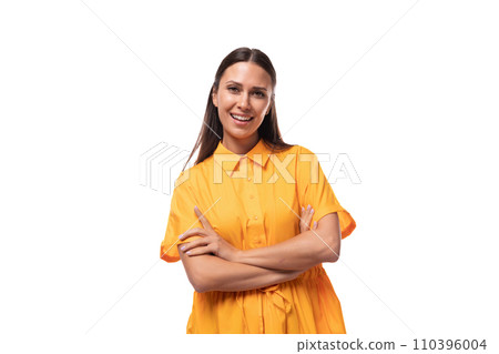 pretty young brunette lady dressed in a bright yellow short sleeve dress on a white background with pretty young brunette lady dressed in a bright yellow short sleeve dress on a white background with 110396004