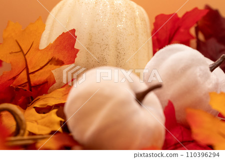 HDR photo of white Pumpkins on leafs HDR photo of white Pumpkins on leafs 110396294