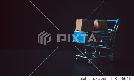 Shopping concept. Paper boxes in blue shopping cart with sale price tag on white background. online shopping consumers can shop from home and delivery service. with copy space. Shopping concept. Paper boxes in blue shopping cart with sale price tag on white background. online shopping consumers can shop from home and delivery service. with copy space. 110396646