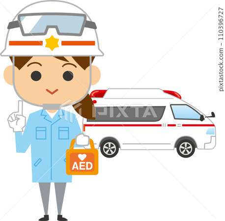 一名女性護理人員和一輛救護車的圖像插圖 一名女性護理人員和一輛救護車的圖像插圖 110396727