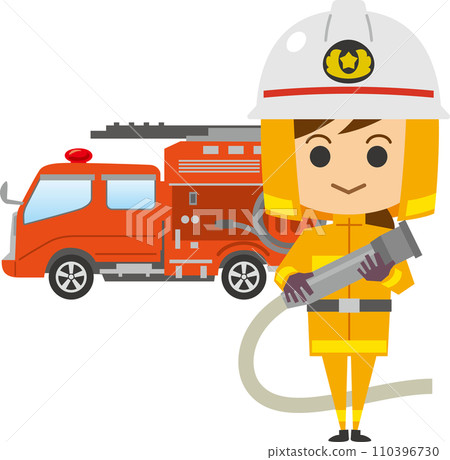 女消防員和消防車的圖像插圖 110396730