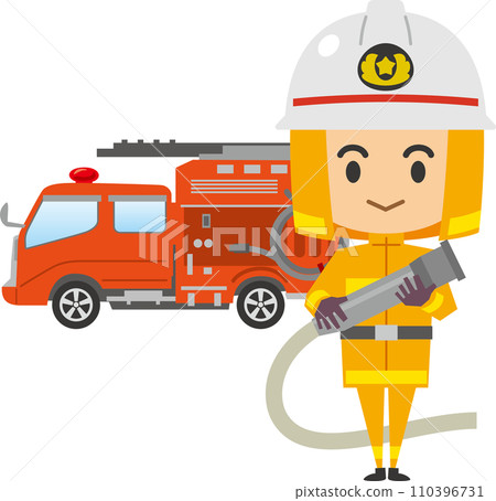 一名男性消防員和一輛消防車的圖像插圖 110396731