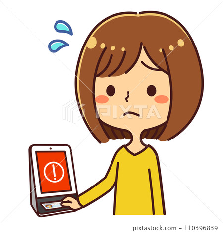 A woman holding her My Number card over a card reader, reading failure, illustration material A woman holding her My Number card over a card reader, reading failure, illustration material 110396839