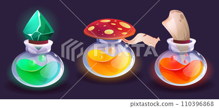 Glass bottles with magic colorful potion 110396868