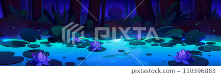 Night forest landscape with water lilies on lake 110396883