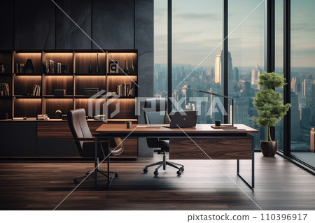 Workspace with spacious, ergonomic desk. Ergonomic furniture design with clean lines 110396917