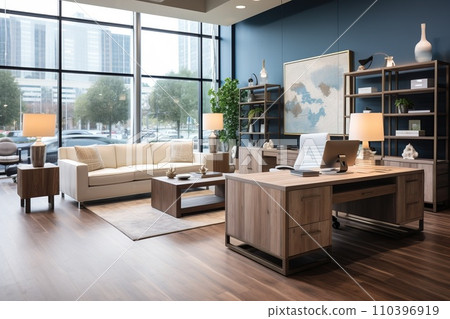 Workspace featuring a spacious, ergonomic desk adorned with minimal decorations to promote a focused and efficient work atmosphere Workspace featuring a spacious, ergonomic desk adorned with minimal decorations to promote a focused and efficient work atmosphere 110396919