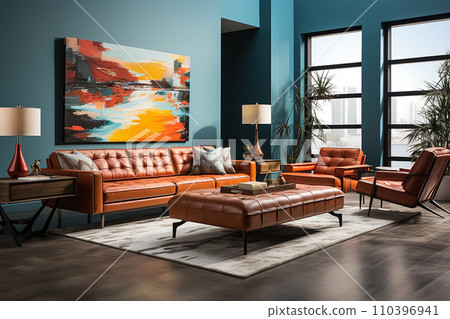 Living room vintage charm, antique furniture and decor elements, bright colors and bold geometric patterns 110396941