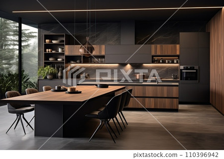 Kitchen with smooth surfaces and minimal open shelving, promoting a sleek and clutter-free environment 110396942