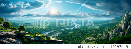 Cliffside providing panoramic views of valleys and distant landscapes. 110397449