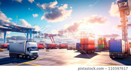 logistics center, with trucks, trains, and cargo planes converging to facilitate the efficient movement of goods across continents. 110397617