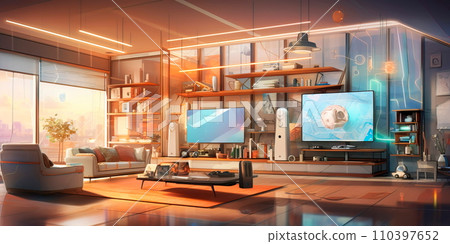A cozy watercolor-like interior of a smart home filled with interconnected devices and gadgets. A cozy watercolor-like interior of a smart home filled with interconnected devices and gadgets. 110397652