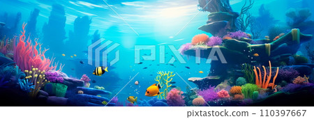 background vibrant underwater world filled with whimsical sea creatures and coral reefs. 110397667