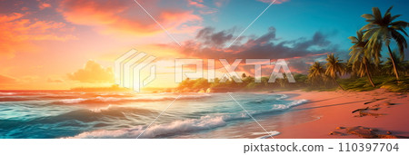 tropical paradise with a gradient backdrop featuring the vibrant colors of a beach at sunset. tropical paradise with a gradient backdrop featuring the vibrant colors of a beach at sunset. 110397704