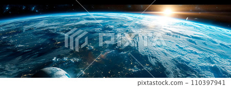 Earth from space during sunrise, capturing the warm glow of sunlight on the planet's surface. 110397941