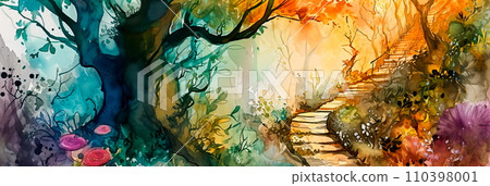 whimsical watercolor of a secret garden with hidden doorways, winding pathways, and fantastical flora. 110398001