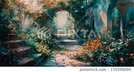 whimsical watercolor of a secret garden with hidden doorways, winding pathways, and fantastical flora. 110398004