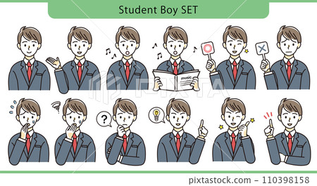 Male student set with various expressions and poses Illustration material 110398158