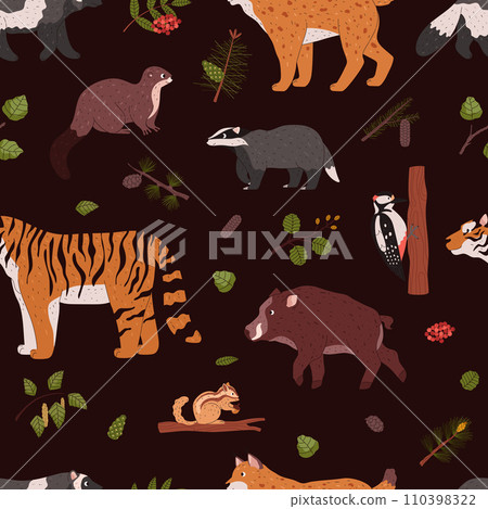 Taiga flora and fauna on vector seamless pattern, cartoon Northern wild animals and branches of conifer tree with cone 110398322