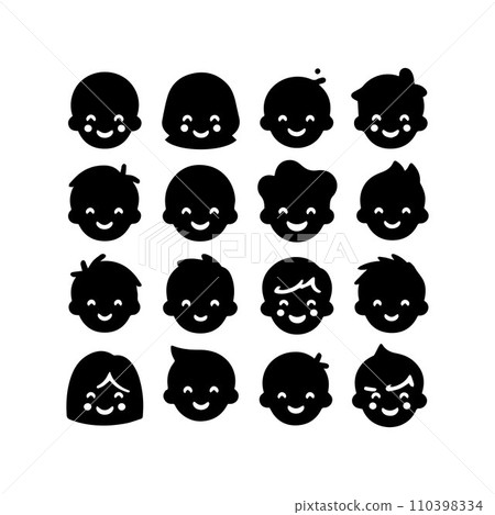 Set of silhouettes kids baby children editable vector icon in various poses 110398334