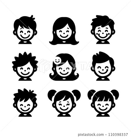 Set of silhouettes kids baby children editable vector icon in various poses 110398337