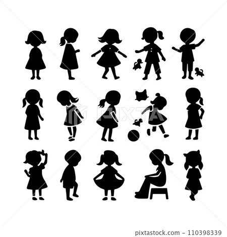 Set of silhouettes kids baby children editable vector icon in various poses 110398339