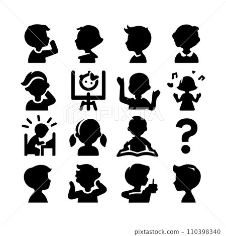 Set of silhouettes kids baby children editable vector icon in various poses 110398340