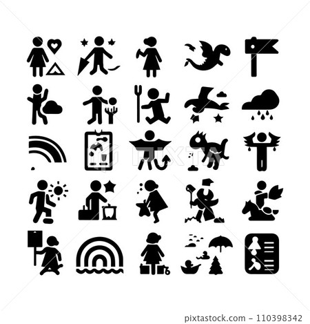 Set of silhouettes kids baby children editable vector icon in various poses 110398342