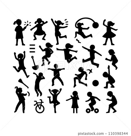 Set of silhouettes kids baby children editable vector icon in various poses 110398344