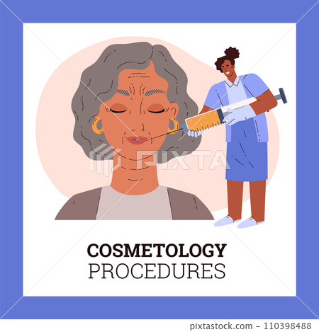 Woman getting procedure of facial beauty injection for skin rejuvenation, correction downturned mouth vector poster 110398488