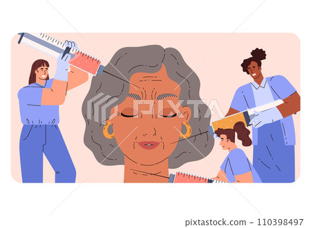 Cosmetology, dermatology, anti-aging facial skin care, vector woman getting procedure of beauty botox fillers injection Cosmetology, dermatology, anti-aging facial skin care, vector woman getting procedure of beauty botox fillers injection 110398497