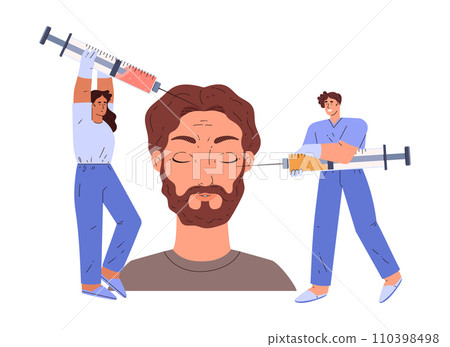 Cosmetology anti-aging facial skin care, vector bearded man getting procedure of beauty lifting injections from syringe Cosmetology anti-aging facial skin care, vector bearded man getting procedure of beauty lifting injections from syringe 110398498