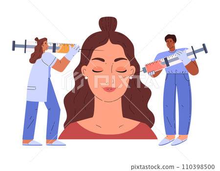 Small cosmetologist characters make beauty face injections to woman. 110398500