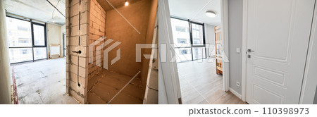 Old apartment with brick walls and new renovated flat doors, children room and elegant interior design. Comparison of apartment before and after restoration. Home renovation concept. 110398973