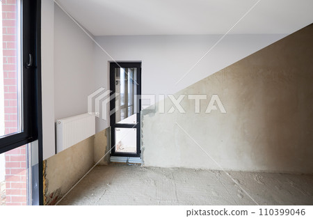 Comparison of children room with wooden bunk bed before and after restoration. Photo collage of old apartment with door and new renovated flat with parquet floor. 110399046