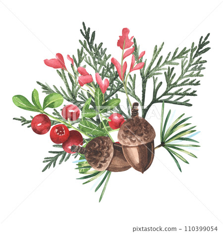 Watercolor hand drawn autumn card design with illustration of colorful leaves of summer thuja trees, cowberry, red berries, acorns, watercolor fir. Elements isolated on white background. 110399054