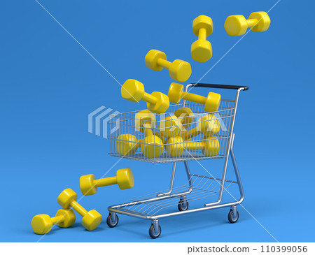 Sport equipment like dumbbell for fitness or crossfit in shopping cart on blue 110399056