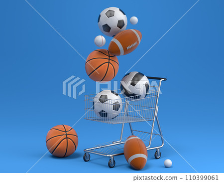 Set of ball like basketball, football and golf in shopping cart on blue 110399061