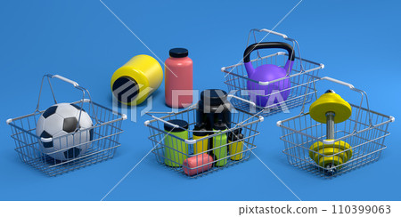 Sport equipment for fitness, gym, crossfit in shopping basket on blue 110399063