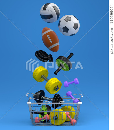 Sport equipment for fitness, gym, crossfit in shopping basket on blue 110399064