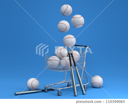 Set of ball like basketball, football and golf in shopping cart on blue 110399065