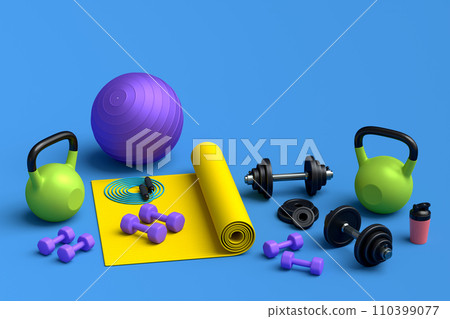 Isometric view of sport equipment like kettlebell, fitness ball and yoga mat Isometric view of sport equipment like kettlebell, fitness ball and yoga mat 110399077