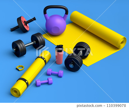 Isometric view of sport equipment like kettlebell, fitness ball and yoga mat Isometric view of sport equipment like kettlebell, fitness ball and yoga mat 110399078
