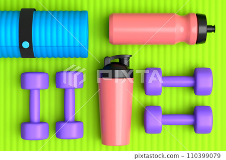 Isometric view of sport equipment like dumbbell, water bottle and yoga mat 110399079