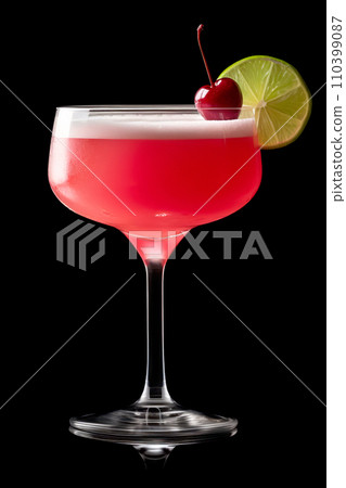 Strawberry margarita cocktail in salt-rimmed glass with dark backdrop 110399087