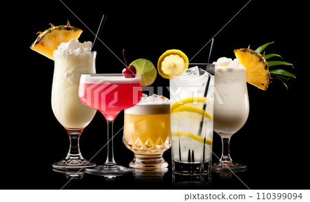Set and collection of classic alcohol cocktails or mocktail isolated on white background with fresh summer fruits 110399094