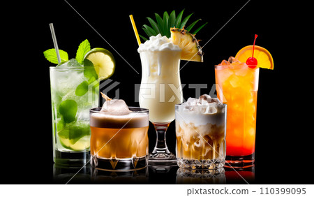Set and collection of classic alcohol cocktails or mocktail isolated on white background with fresh summer fruits 110399095