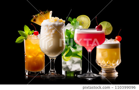 Set and collection of classic alcohol cocktails or mocktail isolated on white background with fresh summer fruits 110399096