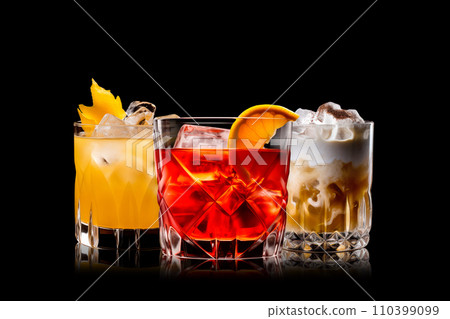 Set and collection of classic alcohol cocktails or mocktail isolated on white background with fresh summer fruits 110399099