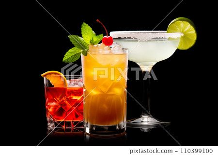 Set and collection of classic alcohol cocktails or mocktail isolated on white background with fresh summer fruits Set and collection of classic alcohol cocktails or mocktail isolated on white background with fresh summer fruits 110399100